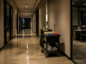 How to Switch Commercial Office Cleaning Services Without Disrupting Your Office 3 Clean commercial office hallway after hours with a janitorial cart parked to one side